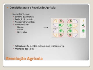    Condições para a Revolução Agrícola
    ◦ Inovações Técnicas
        Sistema quadrienal;
        Redução do pousio;
        Novos instrumentos;
        Novas culturas:
          ◦ Batata
          ◦ Milho
          ◦ Beterraba




       Selecção de Sementes e de animais reprodutores;
       Melhoria dos solos.



Revolução Agrícola
 