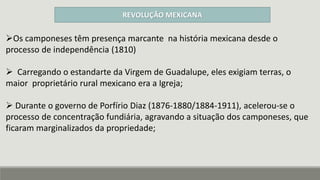 REVOLUÇÃO MEXICANA
Os camponeses têm presença marcante na história mexicana desde o
processo de independência (1810)
 Carregando o estandarte da Virgem de Guadalupe, eles exigiam terras, o
maior proprietário rural mexicano era a Igreja;
 Durante o governo de Porfírio Diaz (1876-1880/1884-1911), acelerou-se o
processo de concentração fundiária, agravando a situação dos camponeses, que
ficaram marginalizados da propriedade;
 