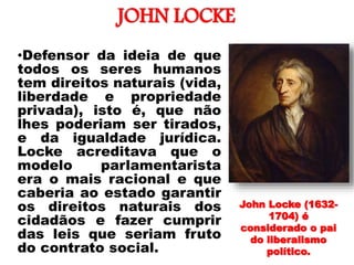JOHN LOCKE
•Defensor da ideia de que
todos os seres humanos
tem direitos naturais (vida,
liberdade e propriedade
privada), isto é, que não
lhes poderiam ser tirados,
e da igualdade jurídica.
Locke acreditava que o
modelo parlamentarista
era o mais racional e que
caberia ao estado garantir
os direitos naturais dos
cidadãos e fazer cumprir
das leis que seriam fruto
do contrato social.
John Locke (1632-
1704) é
considerado o pai
do liberalismo
político.
 