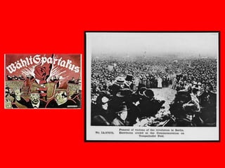 5º Principais organizações políticasPartido social democrata (SPD): Formado em 1875. Constituído por homens que haviam obtido sua ascensão social apenas graças ao desenvolvimento das organizações operárias.Exercia uma forte influência nos trabalhadores  urbanos, após início da guerra mundial assume posições favoráveis a burguesia imperialista.Partido social democrata independente (USPD): Formado em abril de 1917, pela ala esquerda, marxista do SPD; separados por causa de atitudes diferentes para os empréstimos de guerra.Partido Democrático Alemão (DDP) :foi fundada em novembro de 1918 com o objetivo de reunir as forças do liberalismo.  Seus eleitores foram predominantemente de classe média, morava em  cidades urbanas e eram protestantes. Partido Popular Nacional Alemão (DNVP): Este partido, fundado em novembro de 1918 consistiu em "conservadores". O foco de seu programa foi a restauração da monarquia. O DNVP era extremamente nacionalista , a constituição democrática foi rejeitada. Levou os interesses econômicos e sociais dos  grandes proprietários de terras.Partido Popular Alemão (DVP): surgiu no final de 1918 a partir da ala direita do Partido Nacional Liberal e membros do Partido Progressista. Como um partido da indústria pesada,ela representava principalmente os interesses das grandes empresas e da classe média nacionalista intelectual. Ainda fortemente enraizada no pensamento político do Estado autoritário, o DVP defendeu a construção de uma autoridade central forte. Partido Comunista - KPD (Liga Espartaquista): formado em dezembro de 1918. Representou a fração revolucionária do proletariado urbano, liderando as revoltas operárias que buscavam  implementar a ditadura do proletariado e o estabelecimento do sistema socialista. 