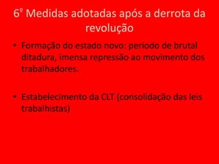 4º Estrutura de classes sociais- Maioria da população é de trabalhadores rurais;- Classe média formada por intelectuais e pequenos burgueses;- Classe de associados aos grandes burgueses imperialistas, principalmente dos EUA;- Classe de grandes proprietários rurais;Classe em crescimento de proletariado industrial;