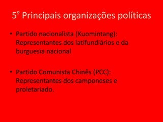Essencialmente agrário.Industrialização pequena e comandada pelas potências imperialistas3º Situação Econômica