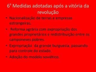 4º Estrutura de classes sociais- Grande maioria da população é de trabalhadores rurais;- Classe média formada por intelectuais e pequenos burgueses;- Classe de associados aos grandes burgueses imperialistas; principalmente EUA;- Classe de grandes proprietários rurais;Classe de proletariado industrial;Fulgêncio Batista: Ditador cubano aliado dos EUA e seus interesses.Movimento 26 de julho: Fundado em 1955, organização revolucionária anti-imperialista com influência entre a intelectualidade cubana, camponeses e proletariado. Em 1962 transforma-se em Partido Unido da Revolução Socialista Cubana (PURSC), e, em 1965: Partido Comunista Cubano (PCC).5º Principais organizações políticas