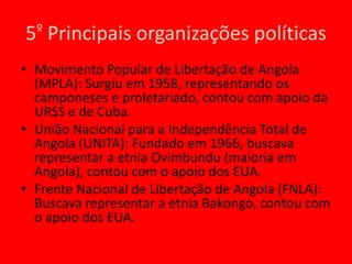 4º Estrutura de classes sociais- Grande maioria da população é de trabalhadores rurais;- Classe média formada por intelectuais e pequenos burgueses;- Classe de associados aos grandes burgueses imperialistas; principalmente, Portugal e EUA;- Classe de grandes proprietários rurais;Classe de proletariado industrial;