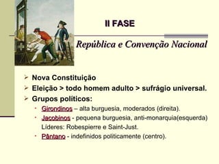 II FASE

                República e Convenção Nacional


 Nova Constituição
 Eleição > todo homem adulto > sufrágio universal.
 Grupos políticos:
  • Girondinos – alta burguesia, moderados (direita).
  • Jacobinos - pequena burguesia, anti-monarquia(esquerda)

    Líderes: Robespierre e Saint-Just.
  • Pântano - indefinidos politicamente (centro).
 