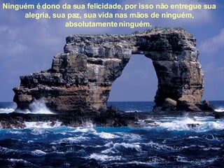 Ninguém é dono da sua felicidade, por isso não entregue sua alegria, sua paz, sua vida nas mãos de ninguém, absolutamente ninguém.  