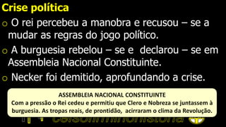 Crise política
o O rei percebeu a manobra e recusou – se a
mudar as regras do jogo político.
o A burguesia rebelou – se e declarou – se em
Assembleia Nacional Constituinte.
o Necker foi demitido, aprofundando a crise.
ASSEMBLEIA NACIONAL CONSTITUINTE
Com a pressão o Rei cedeu e permitiu que Clero e Nobreza se juntassem à
burguesia. As tropas reais, de prontidão, acirraram o clima da Revolução.
 