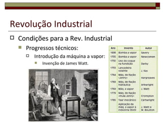 Revolução Industrial
   Condições para a Rev. Industrial
       Progressos técnicos:
           Introdução da máquina a vapor:
               Invenção de James Watt.
 
