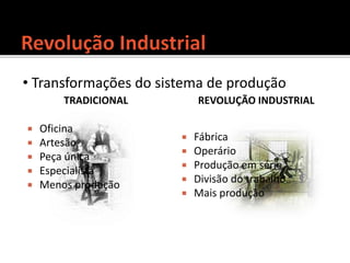 TRADICIONAL
 Oficina
 Artesão
 Peça única
 Especialista
 Menos produção
REVOLUÇÃO INDUSTRIAL
 Fábrica
 Operário
 Produção em série
 Divisão do trabalho
 Mais produção
• Transformações do sistema de produção
 