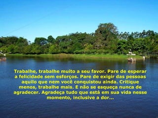 Trabalhe, trabalhe muito a seu favor. Pare de esperar a felicidade sem esforços. Pare de exigir das pessoas aquilo que nem você conquistou ainda. Critique menos, trabalhe mais. E não se esqueça nunca de agradecer. Agradeça tudo que está em sua vida nesse momento, inclusive a dor... 