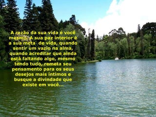 A razão da sua vida é você mesmo. A sua paz interior é a sua meta  de vida, quando sentir um vazio na alma, quando acreditar que ainda está faltando algo, mesmo tendo tudo, remeta seu pensamento para os seus desejos mais íntimos e busque a divindade que existe em você... 