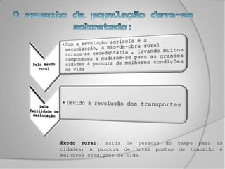 O aumento da população deve-se sobretudo:Êxodo rural: saída de pessoas do campo para as cidades, à procura de novos postos de trabalho e melhores condições de vida 
