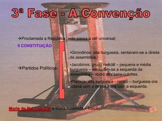 Proclamada a República: voto passa a ser universal;
    II CONSTITUIÇÃO
                                 •Girondinos: alta burguesia, sentavam-se a direita
                                 da assembléia.
                                 •Jacobinos: grupo radical – pequena e média
    Partidos Políticos:         burguesia – sentavam-se a esquerda da
                                 assembléia – apoio dos sans-culottes.
                                 •Planície: alta burguesia - centro – burguesia ora
                                 votava com a direita e ora com a esquerda.




Morte do Rei Luís XVI e Maria Antonieta – traição.
 