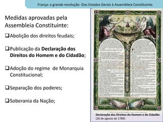 França: a grande revolução -Dos Estados Gerais à Assembleia Constituinte.


Medidas aprovadas pela
Assembleia Constituinte:
Abolição dos direitos feudais;

Publicação da Declaração dos
 Direitos do Homem e do Cidadão;

Adoção do regime de Monarquia
 Constitucional;

Separação dos poderes;

Soberania da Nação;

                                                  Declaração dos Direitos do Homem e do Cidadão
                                                  (26 de agosto de 1789)
 
