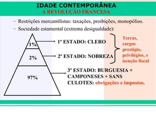 IDADE CONTEMPORÂNEA
                A REVOLUÇÃO FRANCESA
   – Restrições mercantilistas: taxações, proibições, monopólios.
   – Sociedade estamental (extrema desigualdade):
                                                       Terras,
                        1º ESTADO: CLERO               cargos
          1%
                                                       prestígio,
                        2º ESTADO: NOBREZA             privilégios, e
          2%
                                                       isenção fiscal
                            3º ESTADO: BURGUESIA +
         97%                CAMPONESES + SANS
                            CULOTES: obrigações e impostos.




iair@pop.com.br                                             Prof. Iair
 