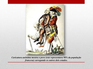 Caricatura anônima mostra o povo (este representava 98% da população
             francesa) carregando os outros dois estados.
 