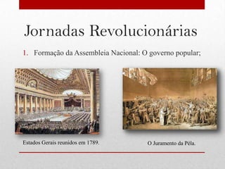 Jornadas Revolucionárias
1. Formação da Assembleia Nacional: O governo popular;




Estados Gerais reunidos em 1789.     O Juramento da Péla.
 