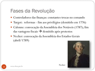 Fases da Revolução
 Controladores das finanças: constantes trocas no comando
 Turgot: reformas - fim aos privilégios (demitido em 1776)
 Calonne: convocação da Assembleia dos Notáveis (1787); fim
das vantagens fiscais  demitido após protestos
 Necker: convocação da Assembleia dos Estados Gerais
(abril/1789)
Necker
13 www.elton.pro.br
 