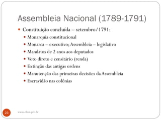 Assembleia Nacional (1789-1791)
 Constituição concluída – setembro/1791:
 Monarquia constitucional
 Monarca – executivo;Assembleia – legislativo
 Mandatos de 2 anos aos deputados
 Voto direto e censitário (renda)
 Extinção das antigas ordens
 Manutenção das primeiras decisões daAssembleia
 Escravidão nas colônias
23 www.elton.pro.br
 