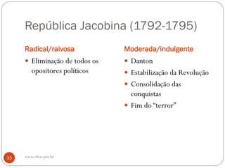 República Jacobina (1792-1795)
Radical/raivosa Moderada/indulgente
 Eliminação de todos os
opositores políticos
 Danton
 Estabilização da Revolução
 Consolidação das
conquistas
 Fim do “terror”
33 www.elton.pro.br
 