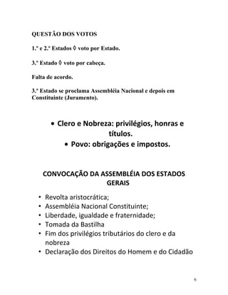 QUESTÃO DOS VOTOS
1.º e 2.º Estados ◊ voto por Estado.
3.º Estado ◊ voto por cabeça.
Falta de acordo.
3.º Estado se proclama Assembléia Nacional e depois em
Constituinte (Juramento).
• Clero e Nobreza: privilégios, honras e
títulos.
• Povo: obrigações e impostos.
CONVOCAÇÃO DA ASSEMBLÉIA DOS ESTADOS
GERAIS
• Revolta aristocrática;
• Assembléia Nacional Constituinte;
• Liberdade, igualdade e fraternidade;
• Tomada da Bastilha
• Fim dos privilégios tributários do clero e da
nobreza
• Declaração dos Direitos do Homem e do Cidadão
6
 