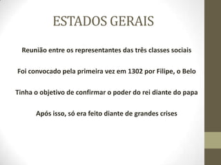 ESTADOS GERAIS
Reunião entre os representantes das três classes sociais
Foi convocado pela primeira vez em 1302 por Filipe, o Belo
Tinha o objetivo de confirmar o poder do rei diante do papa
Após isso, só era feito diante de grandes crises
 