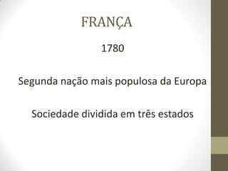 FRANÇA
1780
Segunda nação mais populosa da Europa
Sociedade dividida em três estados
 