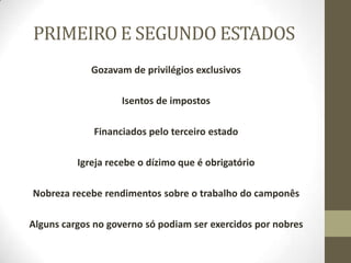 PRIMEIRO E SEGUNDO ESTADOS
Gozavam de privilégios exclusivos
Isentos de impostos
Financiados pelo terceiro estado
Igreja recebe o dízimo que é obrigatório
Nobreza recebe rendimentos sobre o trabalho do camponês
Alguns cargos no governo só podiam ser exercidos por nobres
 