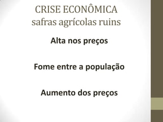 CRISE ECONÔMICA
safras agrícolas ruins
Alta nos preços
Fome entre a população
Aumento dos preços
 