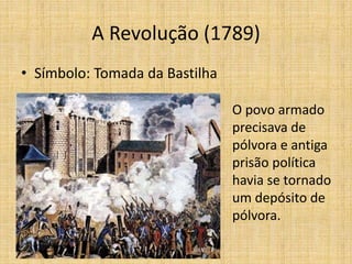 A Revolução (1789)
• Símbolo: Tomada da Bastilha
O povo armado
precisava de
pólvora e antiga
prisão política
havia se tornado
um depósito de
pólvora.
 