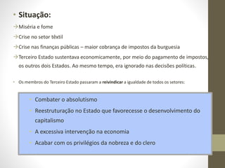 • Situação:
Miséria e fome
Crise no setor têxtil
Crise nas finanças públicas – maior cobrança de impostos da burguesia
Terceiro Estado sustentava economicamente, por meio do pagamento de impostos,
os outros dois Estados. Ao mesmo tempo, era ignorado nas decisões políticas.
• Os membros do Terceiro Estado passaram a reivindicar a igualdade de todos os setores:
• Combater o absolutismo
• Reestruturação no Estado que favorecesse o desenvolvimento do
capitalismo
• A excessiva intervenção na economia
• Acabar com os privilégios da nobreza e do clero
 
