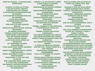 HINO DA FRANÇA - A MARSELHESA
(TRADUÇÃO)
AVANTE, FILHOS DA PÁTRIA,
O DIA DA GLÓRIA CHEGOU.
CONTRA NÓS, DA TIRANIA
O ESTANDARTE ENSANGUENTADO
SE ERGUEU.
O ESTANDARTE ENSANGUENTADO
SE ERGUEU.
OUVIS NOS CAMPOS
RUGIREM ESSES FEROZES
SOLDADOS?
VÊM ELES ATÉ AOS NOSSOS
BRAÇOS
DEGOLAR NOSSOS FILHOS, NOSSAS
MULHERES.
ÀS ARMAS CIDADÃOS!
FORMAI VOSSOS BATALHÕES!
MARCHEMOS, MARCHEMOS!
QUE UM SANGUE IMPURO
AGUE O NOSSO ARADO
O QUE QUER ESSA HORDA DE
ESCRAVOS
DE TRAIDORES, DE REIS
CONJURADOS?
PARA QUEM (SÃO) ESSES IGNÓBEIS
ENTRAVES
ESSES GRILHÕES HÁ MUITO TEMPO
PREPARADOS?
ESSES GRILHÕES HÁ MUITO TEMPO
PREPARADOS?
FRANCESES! A VÓS, AH! QUE
ULTRAJE!
QUE COMOÇÃO DEVE SUSCITAR!
É A NÓS QUE CONSIDERAM
RETORNAR À ANTIGA ESCRAVIDÃO!
O QUÊ! TAIS MULTIDÕES
ESTRANGEIRAS
FARIAM A LEI EM NOSSOS LARES!
O QUÊ! ESSAS FALANGES
MERCENÁRIAS
ARRASARIAM OS NOSSOS NOBRES
GUERREIROS
ARRASARIAM OS NOSSOS NOBRES
GUERREIROS
GRANDE DEUS! POR MÃOS
ACORRENTADAS
NOSSAS FRONTES SOB O JUGO SE
CURVARIAM
E DÉSPOTAS VIS TORNAR-SE-IAM
OS MESTRES DOS NOSSOS
DESTINOS!
TREMEI, TIRANOS! E VÓS PÉRFIDOS,
O OPRÓBRIO DE TODOS OS
PARTIDOS,
TREMEI! VOSSOS PROJETOS
PARRICIDAS
VÃO ENFIM RECEBER SEU PREÇO!
VÃO ENFIM RECEBER SEU PREÇO!
SOMOS TODOS SOLDADOS PARA VOS
COMBATER.
SE TOMBAM OS NOSSOS JOVENS
HERÓIS
A TERRA DE NOVO OS PRODUZ
CONTRA VÓS, TODOS PRONTOS A
VOS VENCER!
FRANCESES, GUERREIROS
MAGNÂNIMOS,
LEVAI OU RETENDE OS VOSSOS
TIROS!
POUPAI ESSAS TRISTES VÍTIMAS
A CONTRAGOSTO ARMANDO-SE
CONTRA NÓS.
A CONTRAGOSTO ARMANDO-SE
CONTRA NÓS.
MAS ESSES DÉSPOTAS
SANGUINÁRIOS
MAS OS CÚMPLICES DE BOUILLÉ,
TODOS OS TIGRES QUE, SEM
PIEDADE,
RASGAM O SEIO DE SUAS MÃES!
AMOR SAGRADO PELA PÁTRIA
CONDUZ, SUSTÉM-NOS OS BRAÇOS
VINGATIVOS.
LIBERDADE, LIBERDADE QUERIDA,
COMBATE COM OS TEUS
DEFENSORES!
COMBATE COM OS TEUS
DEFENSORES!
SOB AS NOSSAS BANDEIRAS, QUE A
VITÓRIA
CHEGUE LOGO ÀS TUAS VOZES
VIRIS!
QUE TEUS INIMIGOS AGONIZANTES
VEJAM TEU TRIUNFO, E NÓS A
NOSSA GLÓRIA.
(VERSO DAS CRIANÇAS)
ENTRAREMOS NA CARREIRA
(MILITAR),
QUANDO NOSSOS ANCIÃOS NÃO
MAIS LÁ ESTIVEREM.
LÁ ENCONTRAREMOS SUAS CINZAS
E O RESQUÍCIO DAS SUAS VIRTUDES
E O RESQUÍCIO DAS SUAS VIRTUDES
BEM MENOS DESEJOSOS DE LHES
SOBREVIVER
QUE DE PARTILHAR SEUS CAIXÕES,
TEREMOS O SUBLIME ORGULHO
DE OS VINGAR OU DE OS SEGUIR.
ÀS ARMAS, CIDADÃOS,
FORMAI VOSSOS BATALHÕES,
MARCHEMOS, MARCHEMOS!
QUE UM SANGUE IMPURO
AGUE O NOSSO ARADO!
 