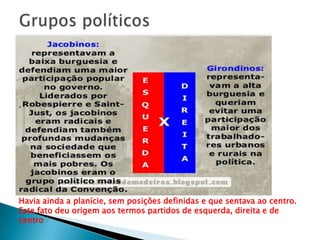 direita e de centro.
.
Havia ainda a planície, sem posições definidas e que sentava ao centro.
Este fato deu origem aos termos partidos de esquerda, direita e de
centro
 