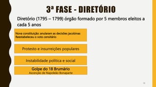 3ª FASE - DIRETÓRIO
Diretório (1795 – 1799) órgão formado por 5 membros eleitos a
cada 5 anos
10
Nova constituição: anularam as decisões jacobinas
Reestabeleceu o voto censitário
Protesto e insurreições populares
Instabilidade política e social
Golpe do 18 Brumário
Ascenção de Napoleão Bonaparte
 