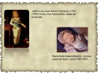delfim Luís José Xavier Francisco (1781-
1789),morreu com tuberculose, antes da
revolução




                  Maria Sofia Helena Beatriz , morreu
                  antes de fazer 1 ano(1786-1787).
 