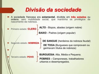 Divisão da sociedade
 A sociedade francesa era estamental, dividida em três estados ou
ordens. sem mobilidade social, que mantinha os privilégios de
nascimento da nobreza.
 Primeiro estado: CLERO
 Segundo estado: NOBREZA

 Terceiro estado: POVO
ALTO - Bispos, abades (origem nobre)
BAIXO - Padres (origem popular)
DE SANGUE (herdeiros da nobreza feudal)
DE TOGA (Burgueses que compravam ou
ganhavam títulos de nobreza)
BURGUESIA: Alta, Média e Pequena.
POBRES – Camponeses, trabalhadores
urbanos e desempregados.
 