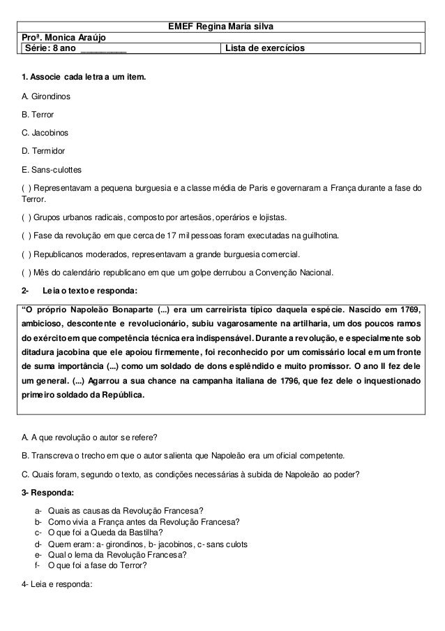 Revolucao Francesa Lista De Exercicios