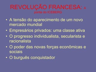 REVOLUÇÃO FRANCESA:  A ponta do ICEBERG A tensão do aparecimento de um novo mercado mundial Empresários privados: uma classe ativa O progresso individualista, secularista e racionalista O poder das novas forças econômicas e sociais O burguês conquistador 