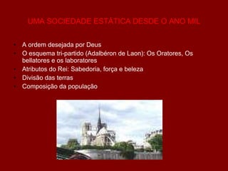 UMA SOCIEDADE ESTÁTICA DESDE O ANO MIL A ordem desejada por Deus O esquema tri-partido (Adalbéron de Laon): Os Oratores, Os bellatores e os laboratores Atributos do Rei: Sabedoria, força e beleza Divisão das terras Composição da população 