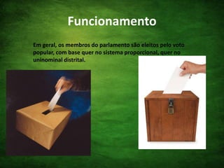 FuncionamentoEm geral, os membros do parlamento são eleitos pelo voto popular, com base quer no sistema proporcional, quer no uninominal distrital. 