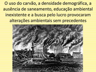 O uso do carvão, a densidade demográfica, a
ausência de saneamento, educação ambiental
inexistente e a busca pelo lucro provocaram
alterações ambientais sem precedentes
 