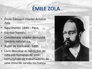 ÉMILE ZOLAÉmile Édouard Charles Antoine ZolaNascimento: 1840 – Paris.Escritor francês.Considerado criador da escola literária naturalista.Autor de Germinal - 1885Livrodescreve as condições de vida sub humanas de uma comunidade de trabalhadores de uma mina de carvão na França.