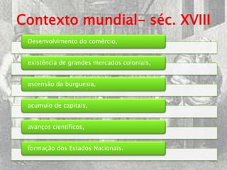 Contexto mundial- séc. XVIII
 Desenvolvimento do comércio,


 existência de grandes mercados coloniais,


 ascensão da burguesia,


 acumulo de capitais,


 avanços científicos,


 formação dos Estados Nacionais.
 