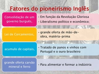 Fatores do pioneirismo Inglês
Consolidação de um     • Em função da Revolução Gloriosa
 governo burguês,      • Liberalismo político e econômico;


                       • grande oferta de mão-de-
Lei de Cercamentos,
                         obra, matéria-prima


                       • Tratado de panos e vinhos com
acumulo de capitais,
                         Portugal e o ouro brasileiro


grande oferta carvão
                       • Para alimentar e formar a indústria
   mineral e ferro
 