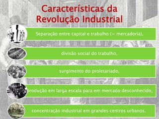 Características da
    Revolução Industrial
   Separação entre capital e trabalho (= mercadoria),



               divisão social do trabalho,


              surgimento do proletariado,



produção em larga escala para em mercado desconhecido,



  concentração industrial em grandes centros urbanos.
 