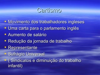 Cartismo
   Movimento dos trabalhadores ingleses
   Uma carta para o parlamento inglês
   Aumento de salário
   Redução da jornada de trabalho
   Representante
   Sufrágio Universal
   ( Sindicatos e diminuição do trabalho
    infantil)
 