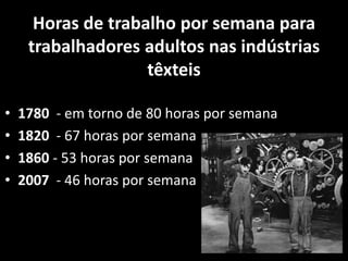 Horas de trabalho por semana para
     trabalhadores adultos nas indústrias
                    têxteis

•   1780 - em torno de 80 horas por semana
•   1820 - 67 horas por semana
•   1860 - 53 horas por semana
•   2007 - 46 horas por semana
 