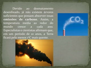 Devido ao desmatamento
desenfreado, já não existem árvores
suficientes que possam absorver essas
emissões de carbono. Assim, a
temperatura média ao redor do
mundo cresce a cada ano.
Especialistas e cientistas afirmam que,
em um período de 10 anos, a Terra
ficará pelo menos 1oC mais quente.
 