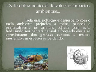 Toda essa poluição e desrespeito com o
meio ambiente prejudica a todos, pessoas e
principalmente os animais sofrem com isso,
tredusindo seu habtati natural e forçando eles a se
aproximarem dos grandes centros, e muitos
morrendo e as especies se perdendo.
 