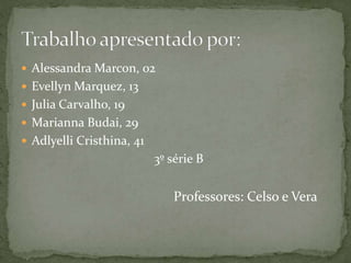  Alessandra Marcon, 02
 Evellyn Marquez, 13
 Julia Carvalho, 19
 Marianna Budai, 29
 Adlyelli Cristhina, 41
3º série B
Professores: Celso e Vera
 